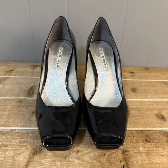 Via Spiga Black Patent Leather Peep Toe High Heels Sz 8 - Picture 3 of 7